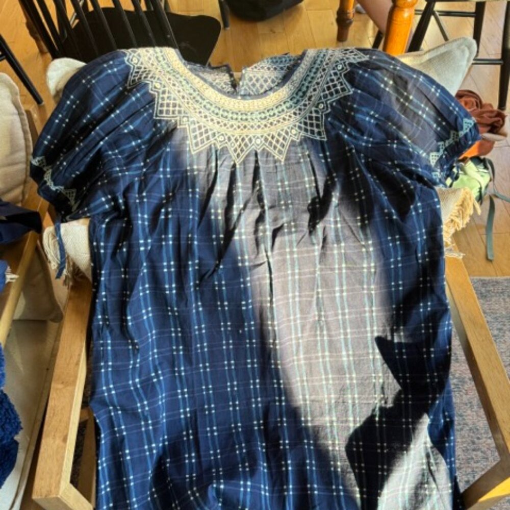 Embroidered Puff-Sleeve Babydoll Dress in Indigo Plaid - size small